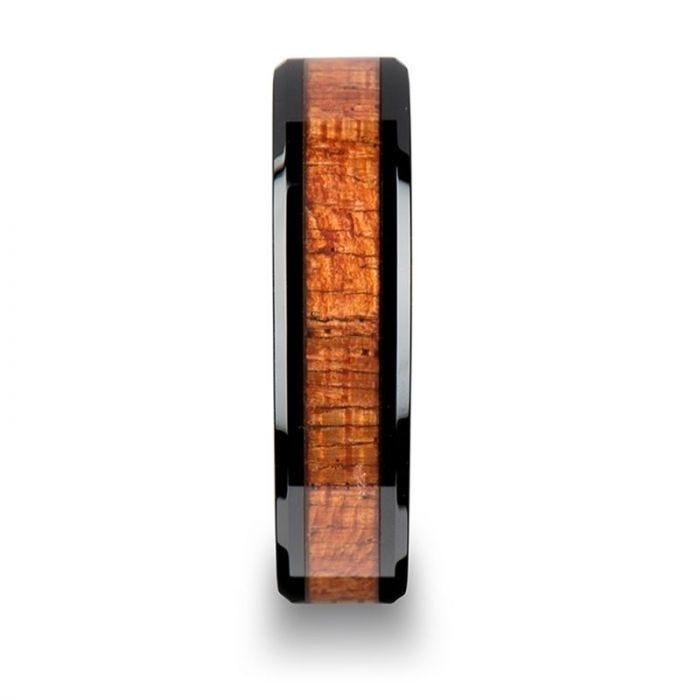 GABON Black Ceramic Band with Polished Bevels and Exotic Mahogany Hard Wood Inlay - 4mm - 10mm