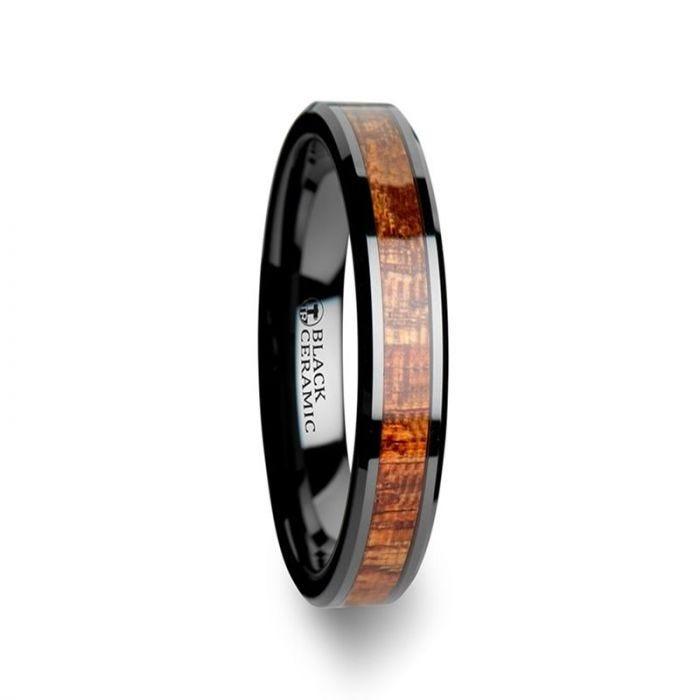 GABON Black Ceramic Band with Polished Bevels and Exotic Mahogany Hard Wood Inlay - 4mm - 10mm