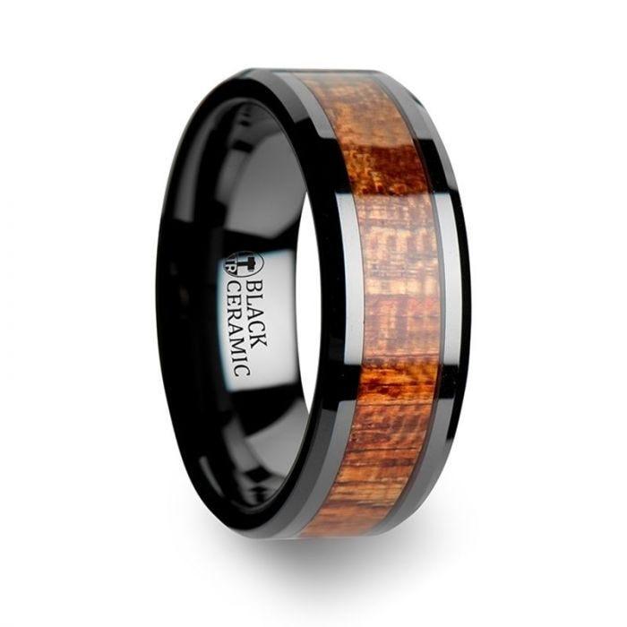 GABON Black Ceramic Band with Polished Bevels and Exotic Mahogany Hard Wood Inlay - 4mm - 10mm