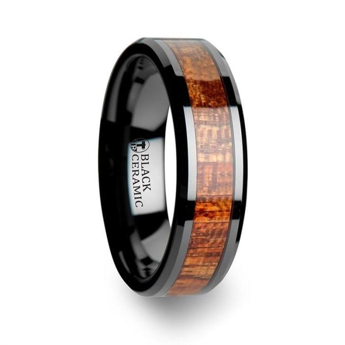 GABON Black Ceramic Band with Polished Bevels and Exotic Mahogany Hard Wood Inlay - 4mm - 10mm