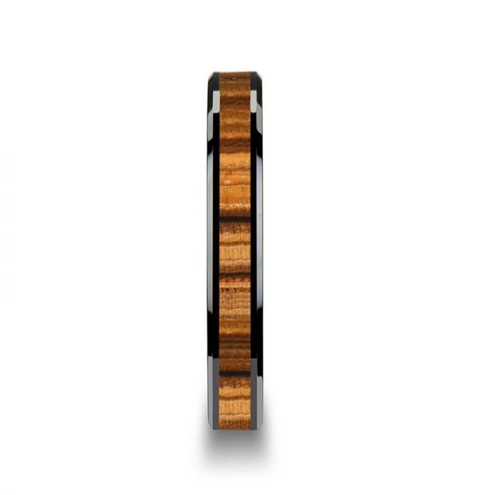 ZEBRANO Black Ceramic Ring with Beveled Edges and Real Zebra Wood Inlay - 4mm - 10mm