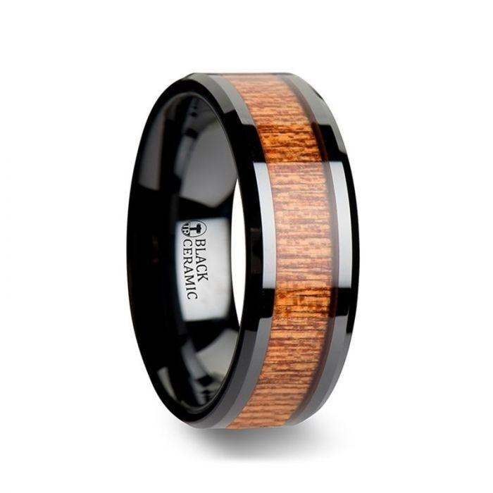 BENIN Black Ceramic Wedding Band with Polished Bevels and African Sapele Wood Inlay - 6mm - 10mm