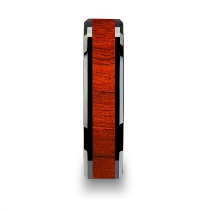 BOSULU Black Ceramic Ring with Polished Bevels and Padauk Real Wood Inlay - 6mm - 10mm