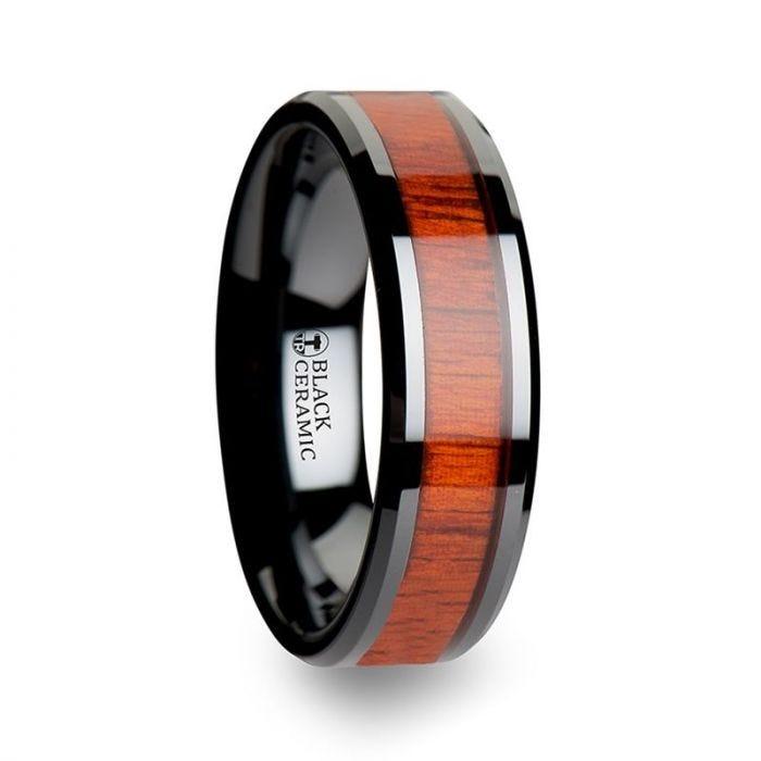 BOSULU Black Ceramic Ring with Polished Bevels and Padauk Real Wood Inlay - 6mm - 10mm