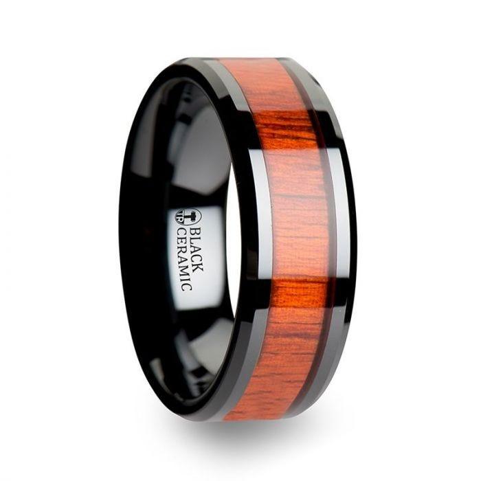 BOSULU Black Ceramic Ring with Polished Bevels and Padauk Real Wood Inlay - 6mm - 10mm