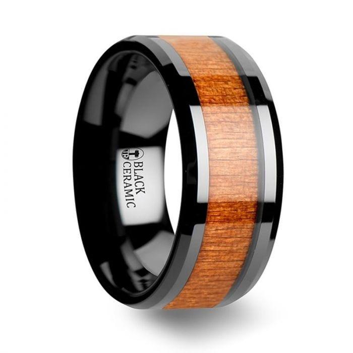 IOWA Black Ceramic Wedding Ring with Polished Bevels and Black Cherry Wood Inlay - 6mm - 10mm