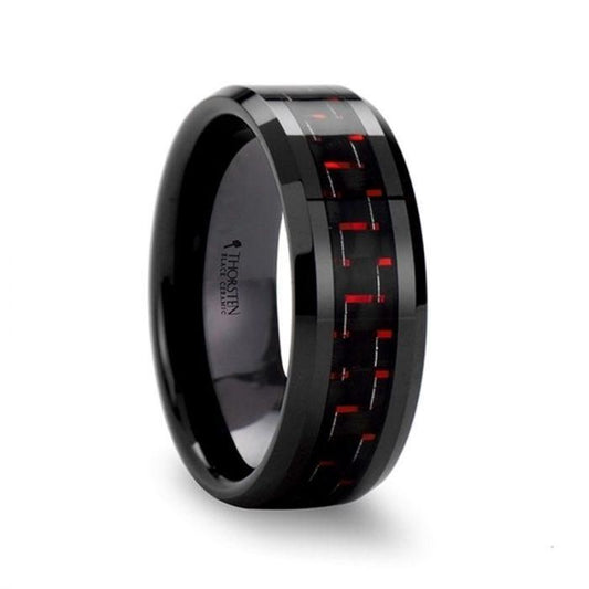 ANTONIUS Beveled Black Ceramic Ring with Black & Red Carbon Fiber - 4mm - 10mm