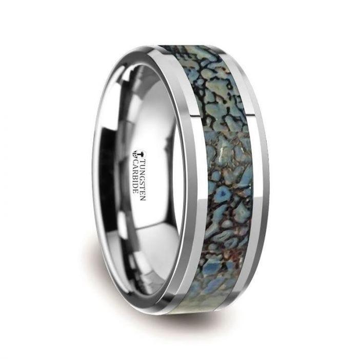 DEVONIAN Blue Dinosaur Bone Inlaid Tungsten Carbide Beveled Edged Ring - 4mm or 8mm