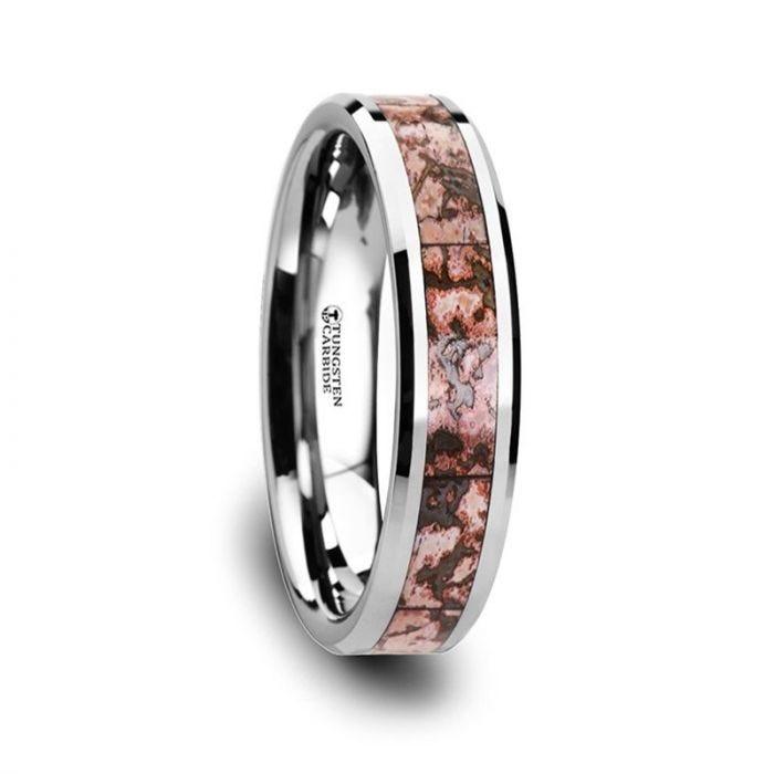 ARCHEAN Pink Dinosaur Bone Inlaid Tungsten Carbide Beveled Edged Ring - 4mm - 8mm