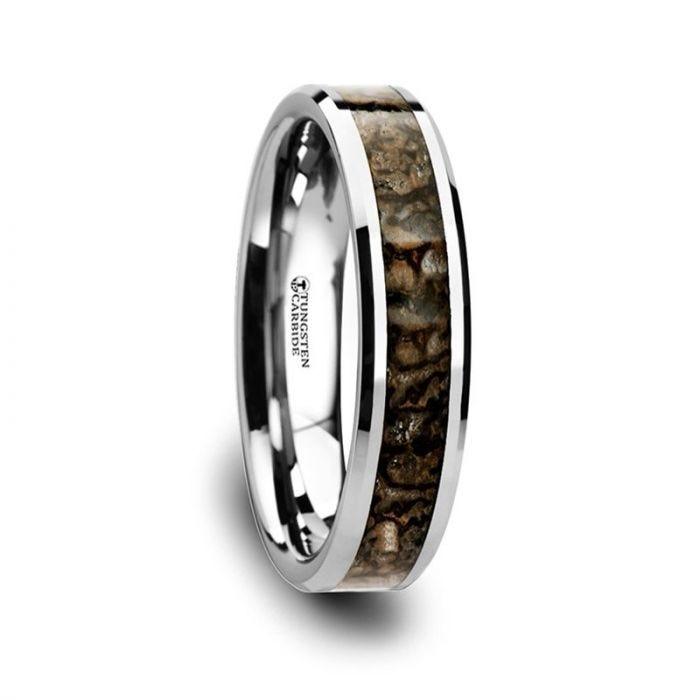 ORDOVICIAN Dinosaur Bone Inlaid Tungsten Carbide Beveled Edged Ring - 4mm or 8mm