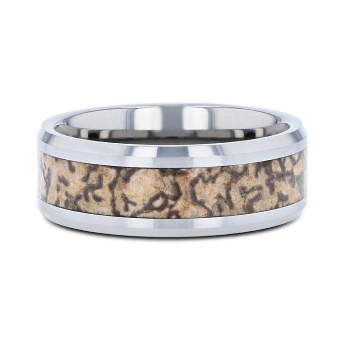 ORDOVICIAN Dinosaur Bone Inlaid Tungsten Carbide Beveled Edged Ring - 4mm or 8mm