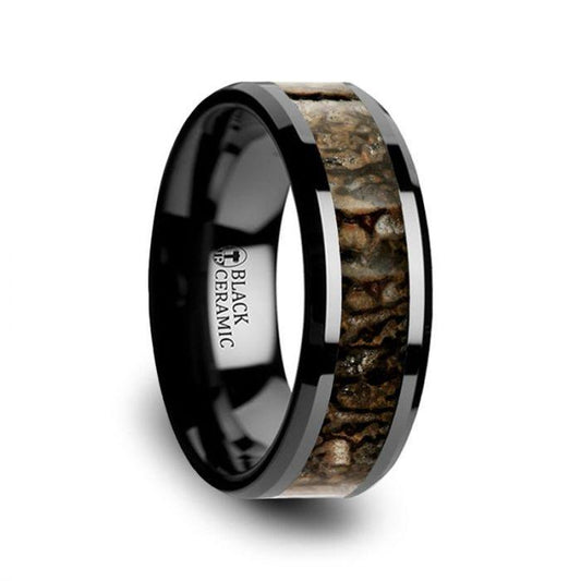 SILURIAN Dinosaur Bone Inlaid Black Ceramic Beveled Edged Ring - 4mm or 8mm