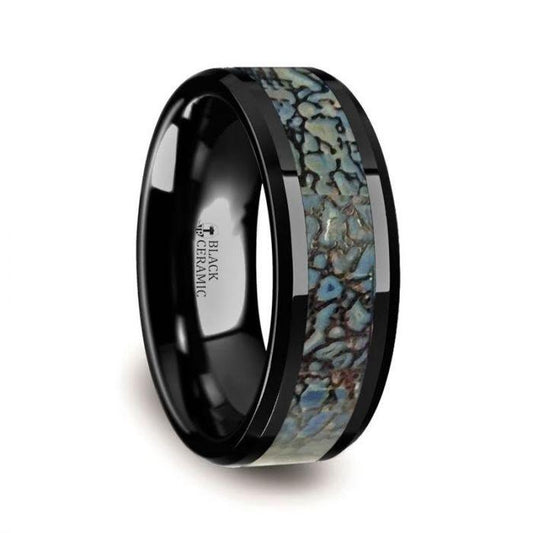 PERMIAN Blue Dinosaur Bone Inlaid Black Ceramic Beveled Edged Ring - 4mm or 8mm