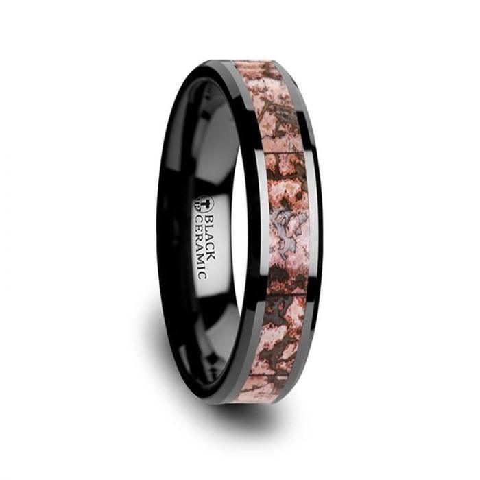 CAMBRIAN Pink Dinosaur Bone Inlaid Black Ceramic Beveled Edged Ring - 4mm & 8mm