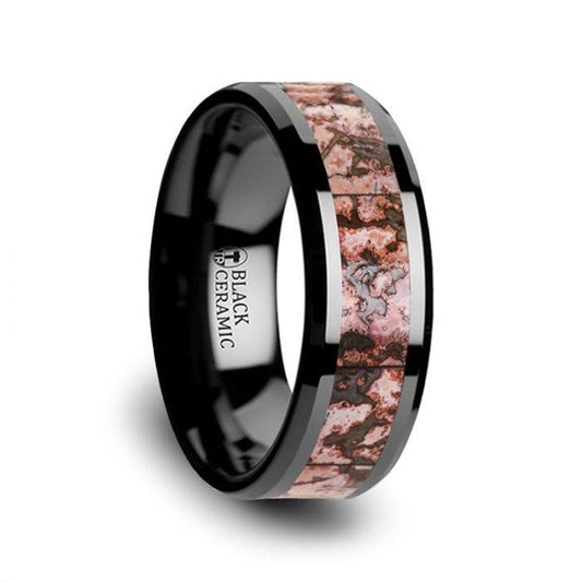 CAMBRIAN Pink Dinosaur Bone Inlaid Black Ceramic Beveled Edged Ring - 4mm & 8mm