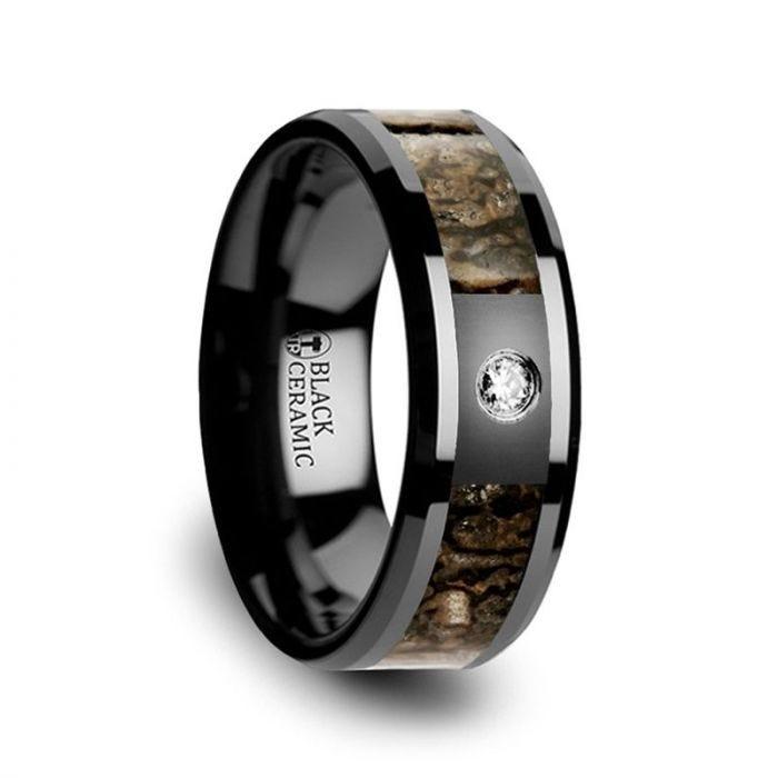 Brown Dinosaur Bone Inlaid Black Ceramic Diamond Wedding Band with Beveled Edges - 8mm