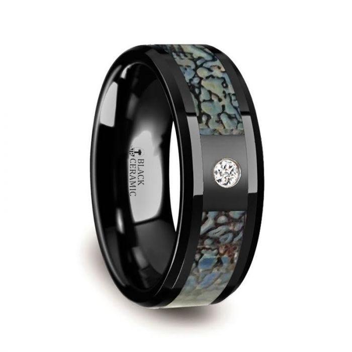 Blue Dinosaur Bone Inlaid Black Ceramic Diamond Wedding Band with Beveled Edges - 8mm