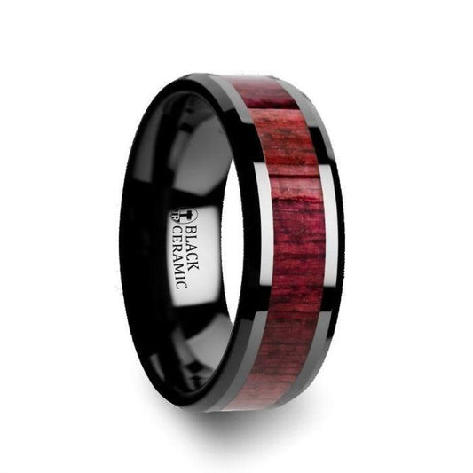 MORADO Purple Heart Wood Inlaid Black Ceramic Ring with Beveled Edges - 8mm