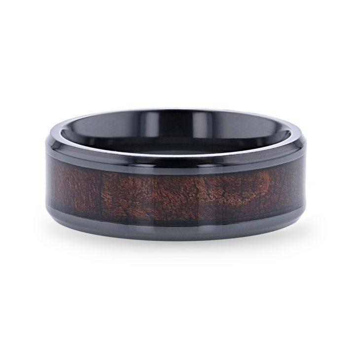 CERISE Redwood Inlaid Black Ceramic Ring with Beveled Edges - 8mm