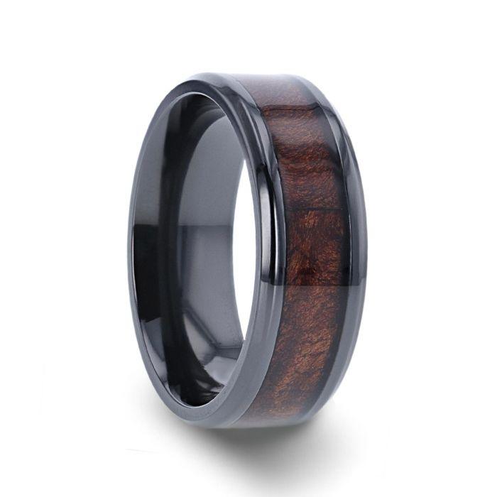 CERISE Redwood Inlaid Black Ceramic Ring with Beveled Edges - 8mm