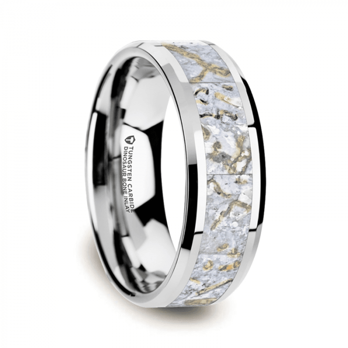 MESOZOIC Men’s Tungsten Flat Beveled Wedding Ring with White Dinosaur Bone Inlay - 4mm