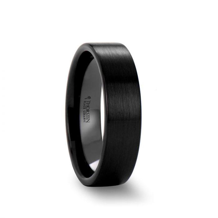 DRAKON Flat Pipe Cut Brush Finished Black Ceramic Wedding Band - 2mm - 12mm