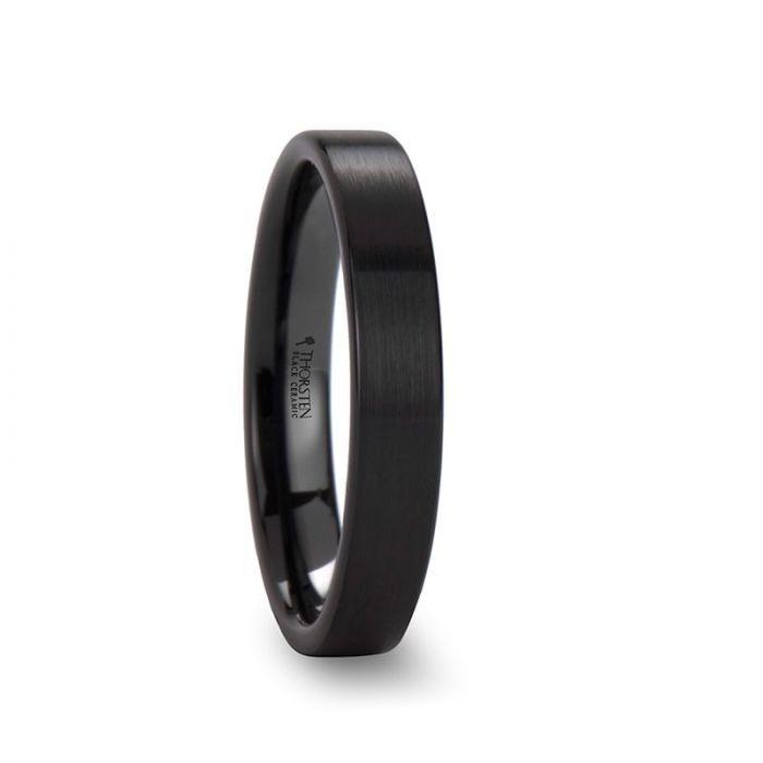 DRAKON Flat Pipe Cut Brush Finished Black Ceramic Wedding Band - 2mm - 12mm