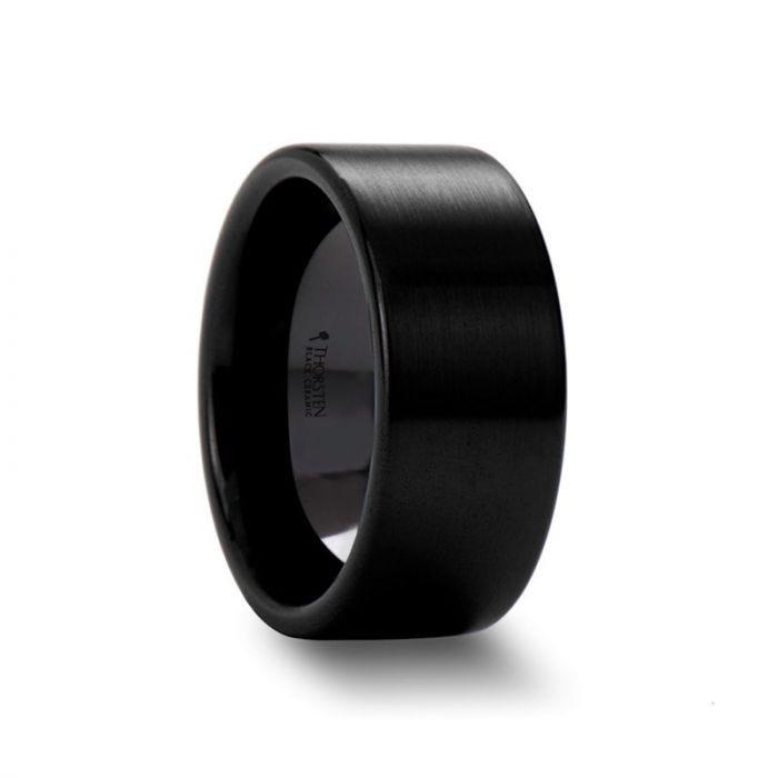 DRAKON Flat Pipe Cut Brush Finished Black Ceramic Wedding Band - 2mm - 12mm