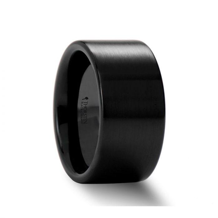 DRAKON Flat Pipe Cut Brush Finished Black Ceramic Wedding Band - 2mm - 12mm