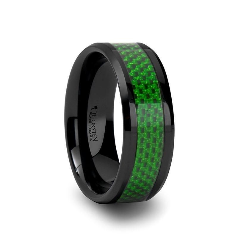 MATLAL Beveled Black Ceramic Ring with Emerald Green Carbon Fiber Inlay - 8mm