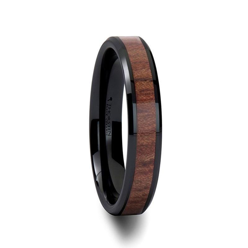 DENALI Black Ceramic Wedding Band with Bevels and Rosewood Inlay - 4mm - 12mm