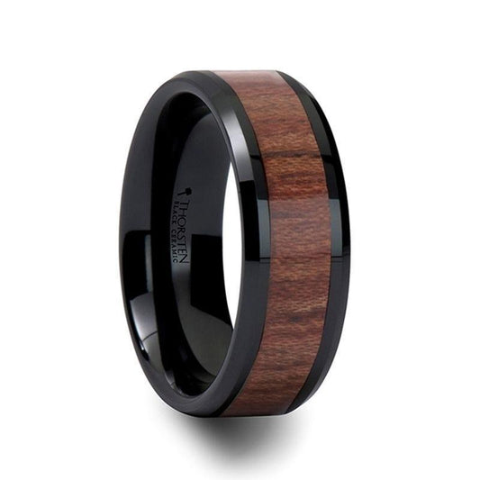 DENALI Black Ceramic Wedding Band with Bevels and Rosewood Inlay - 4mm - 12mm