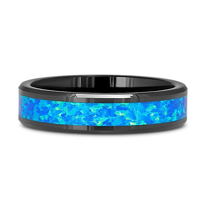 QUANTUM Black Ceramic Ring with Blue Green Opal Inlay - 4mm - 10mm