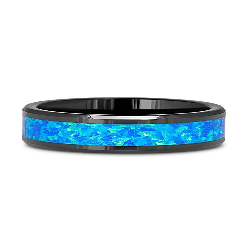 QUANTUM Black Ceramic Ring with Blue Green Opal Inlay - 4mm - 10mm