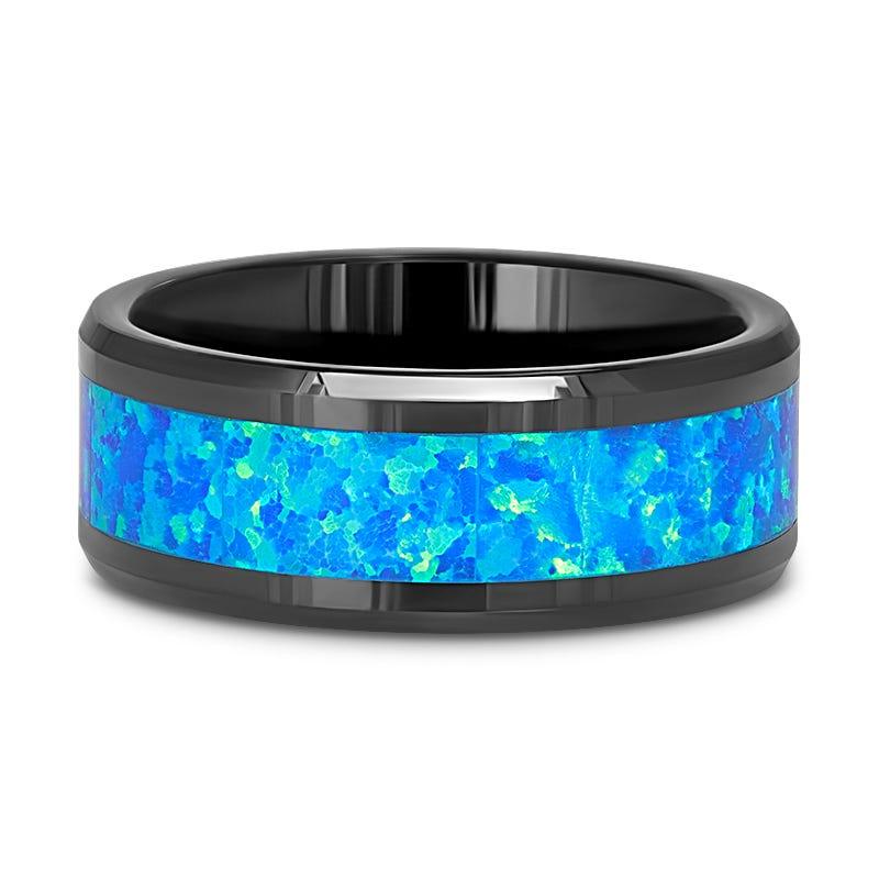 QUANTUM Black Ceramic Ring with Blue Green Opal Inlay - 4mm - 10mm