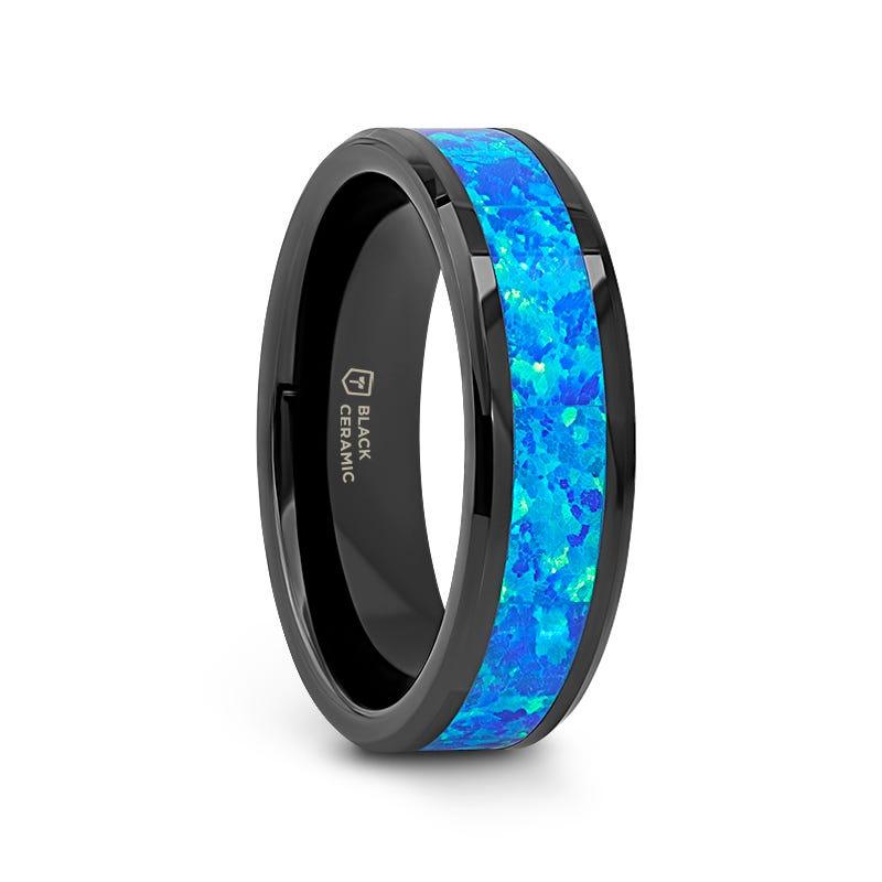 QUANTUM Black Ceramic Ring with Blue Green Opal Inlay - 4mm - 10mm