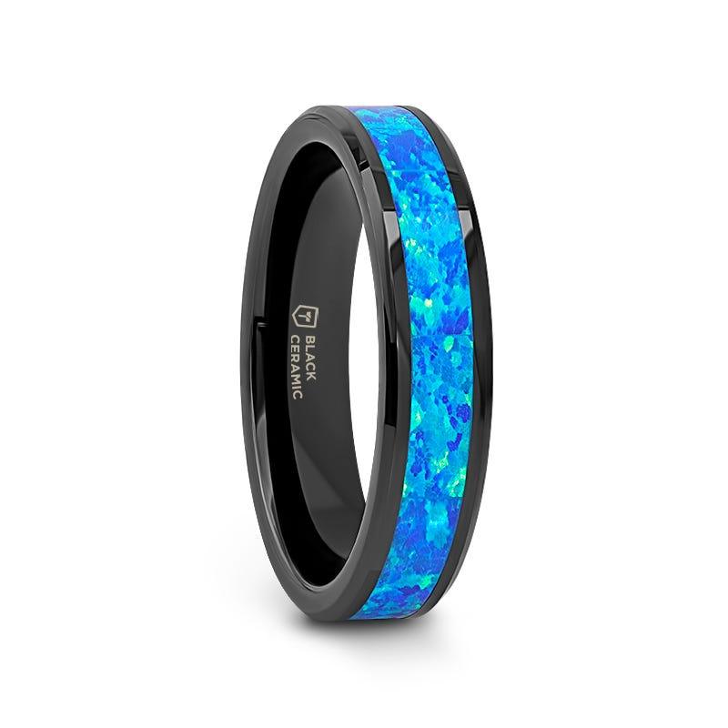 QUANTUM Black Ceramic Ring with Blue Green Opal Inlay - 4mm - 10mm