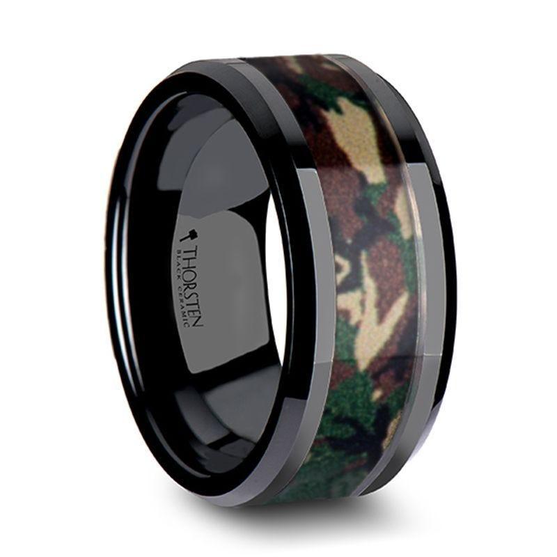 RANGER Beveled Black Ceramic Wedding Ring with Real Military Style Jungle Camo - 6mm - 10mm