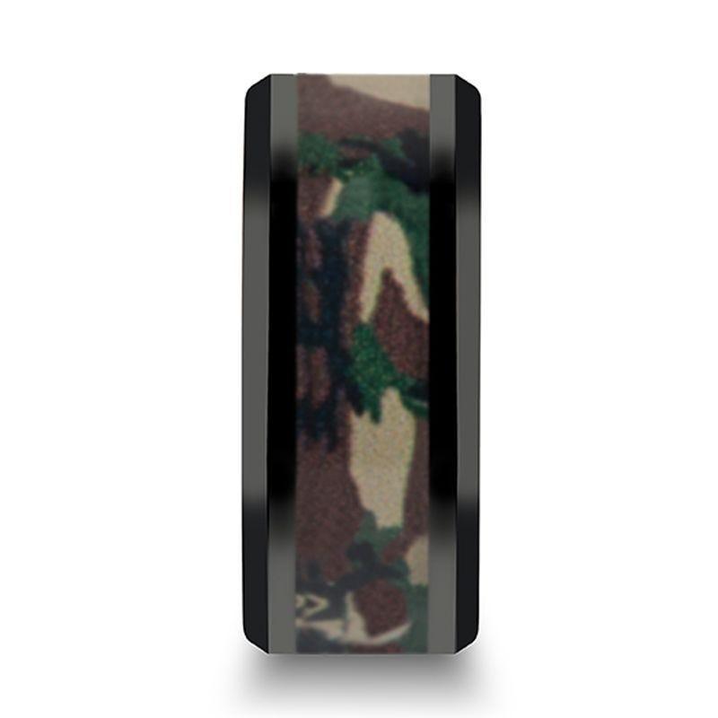 RANGER Beveled Black Ceramic Wedding Ring with Real Military Style Jungle Camo - 6mm - 10mm