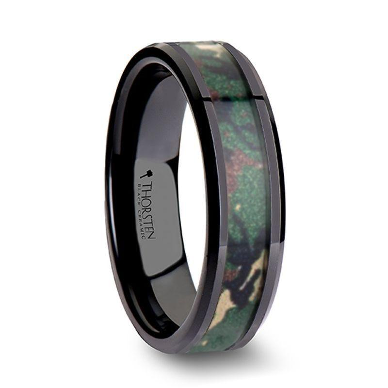 RANGER Beveled Black Ceramic Wedding Ring with Real Military Style Jungle Camo - 6mm - 10mm