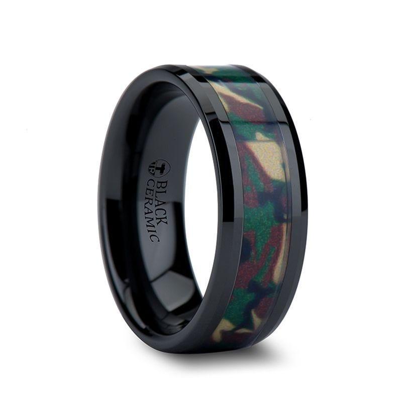 RANGER Beveled Black Ceramic Wedding Ring with Real Military Style Jungle Camo - 6mm - 10mm