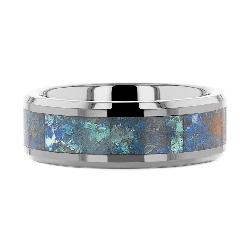 CALYPSO Tungsten Beveled Wedding Band with Chrysocolla Inlay - 8mm