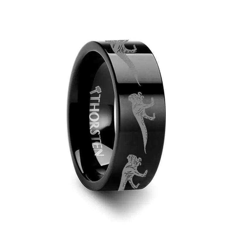 Dinosaur Ring T-Rex Tyrannosaurus Rex Ring Prehistoric Paleo Engraved Flat Black Tungsten Ring - 4mm - 12mm