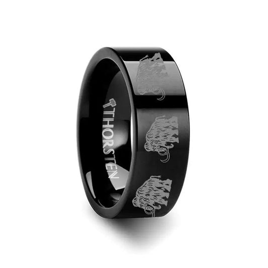 Dinosaur Ring Mammoth Ring Prehistoric Paleo Engraved Flat Black Tungsten Ring - 4mm - 12mm