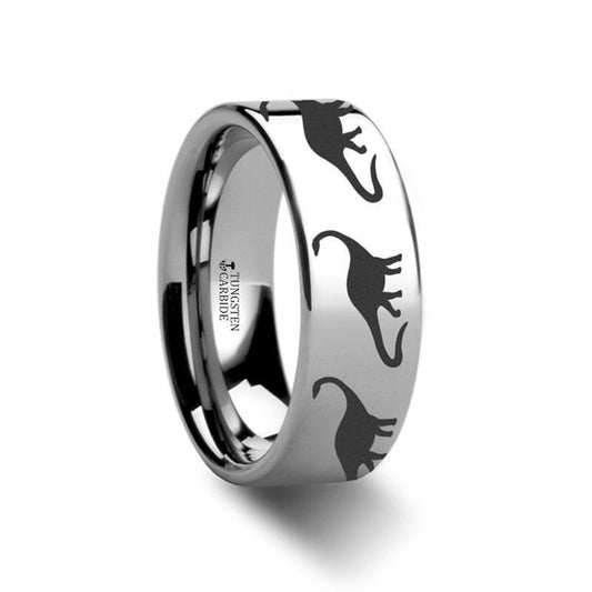 Dinosaur Brachiosaurus Ring Prehistoric Paleo Engraved Flat Tungsten Ring - 4mm - 12mm