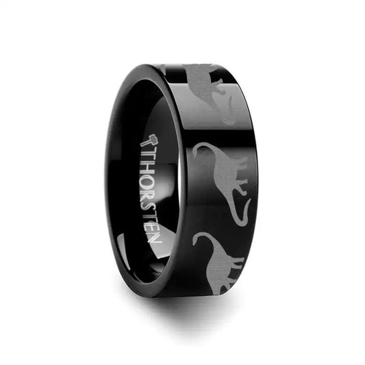 Dinosaur Brachiosaurus Ring Prehistoric Paleo Engraved Flat Black Tungsten Ring - 4mm - 12mm