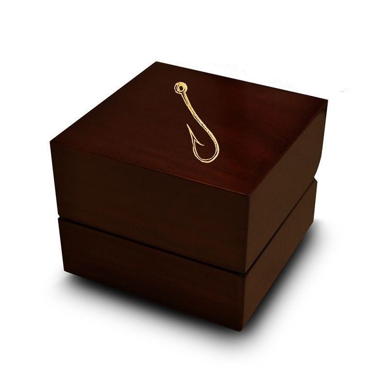 Artistic Fishing Hook Engraved Wood Ring Box Chocolate Dark Wood Personalized Wooden Wedding Ring Box