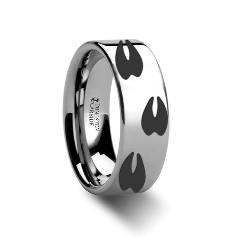 Animal Track Deer Print Ring Engraved Flat Tungsten Ring - 4mm - 12mm