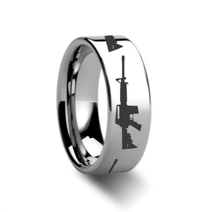 AR-15 Firearm AR15 Design Ring Engraved Flat Tungsten Ring - 6mm - 8mm