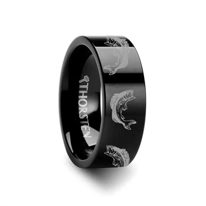 Bass Fish Jumping Sea Print Pattern Ring Engraved Flat Black Tungsten Ring - 4mm - 12mm